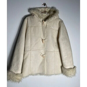 Twenty Twenty Womens Duffle Coat with Faux Fur Hoodie Jacket Cream Sz L